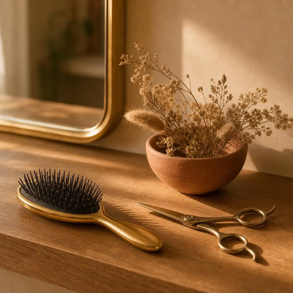 Herramientas de peluquería sobre repisa de madera