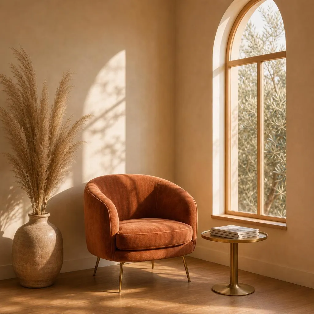 Rincón de espera del salón con sillón terracota